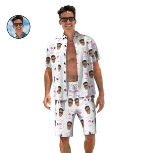 Benutzerdefiniertes Gesicht-hawaii-hemd Und Strandshorts, Personalisiertes Herren-foto-flamingo-druck, Urlaubsparty-geschenk