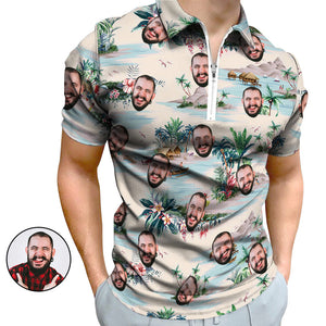 Custom Face Hawaiian Style Poloshirt Mit Reißverschluss Herren Poloshirt Für Freund Oder Ehemann