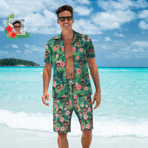 Benutzerdefiniertes  Mit Hawaiihemd Und Strandshorts Mit Gesicht, Blättern Und Blumen, Personalisiertes Herrenfoto-allover-print Urlaubsparty-geschenk