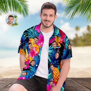Hawaii-hemd Mit Individuellem Gesicht, All-over-print, Flippiges, Personalisiertes Shirt – Aufdruck Blätter, Blumen, Ananas - DePhotoBoxer