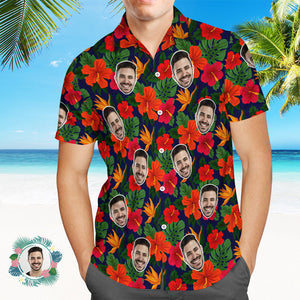 Benutzerdefinierte Herrenhemd Gesicht All Over Print Hawaiihemd Hibiskus Geschenke - DePhotoBoxer