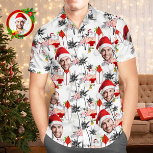 Benutzerdefinierte Gesichts-hawaii-hemden, Personalisiertes Foto-geschenk, Herren-weihnachtshemden, Urlaub Mit Weihnachtsmann Und Flamingos - DePhotoBoxer