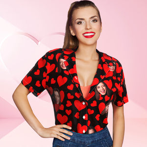 Hawaiihemd Mit Individuellem Gesicht, Flamingo-tropenhemd Für Frauen, Rote Herzen, Valentinstagsgeschenke - DePhotoBoxer