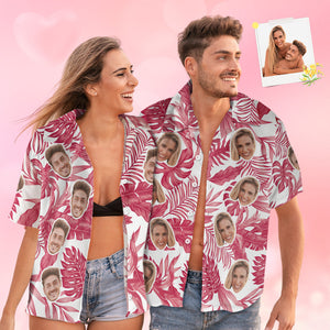 Hawaiihemd Mit Individuellem Gesicht, Rotes Tropisches Hibiskus-hawaiihemd, Geschenk Für Paare - DePhotoBoxer