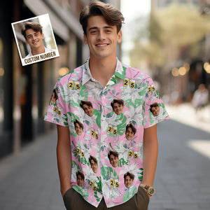 Benutzerdefinierte Gesichts-hawaii-shirt-nummer Im Weinglas, Rosa Und Grüne Ärmel, Gesicht-hawaii-shirt-geschenk Für Ihn - DePhotoBoxer