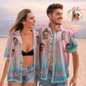 Hawaiihemden Mit Individuellem Gesicht, Personalisiertes Paar, Floral, Rosa Urlaubs-strandhemden, Valentinstagsgeschenk - DePhotoBoxer