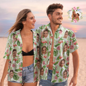 Hawaii-hemden Mit Individuellem Gesicht, Personalisierte Flamingo-hemden, Paar, Lässig, Kurzärmelig, Valentinstagsgeschenk - DePhotoBoxer