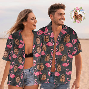Passende Hawaii-hemden Für Paare Mit Individuellem Gesicht, Flamingo- Und Monstera-blätter, Valentinstagsgeschenk - DePhotoBoxer
