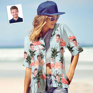 Benutzerdefiniertes Gesichtsshirt, Personalisiertes Foto, Hawaiihemd Für Damen, Geschenk – Flamingos Und Kokospalmen - DePhotoBoxer
