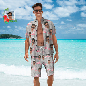 Benutzerdefiniertes Gesicht-hawaii-hemd Und Strand-shorts-set, Personalisiertes Herrenfoto, Lässiges Resort-flamingo-druck-set, Urlaubsparty-geschenk - DePhotoBoxer