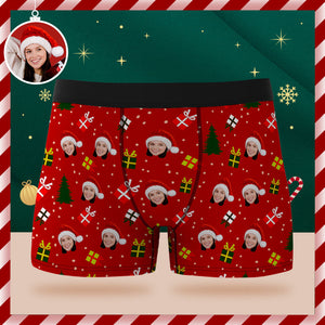 Boxershorts Mit Individuellem Gesicht, Personalisierte Grüne Unterwäsche, Weihnachtsbaum Und Geschenke, Frohe Weihnachten Für Ihn - DePhotoBoxer