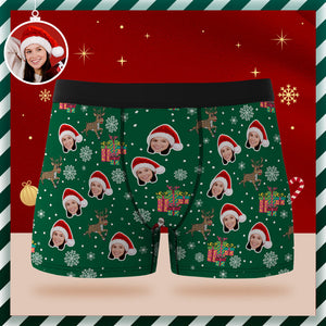 Benutzerdefinierte Gesichts-boxershorts, Personalisierte Grüne Unterwäsche, Weihnachtsmann Und Elch, Frohe Weihnachtsgeschenke Für Ihn - DePhotoBoxer