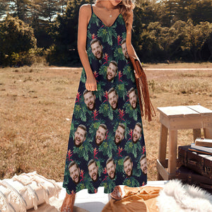 Benutzerdefinierte Gesicht Sling Hawaiian Stil langes Kleid Bromelia