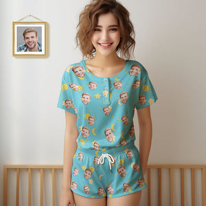 Benutzerdefinierter Gesichts-pyjama Für Damen, Blau, Kurzes Pyjama-set, Geschenk - DePhotoBoxer