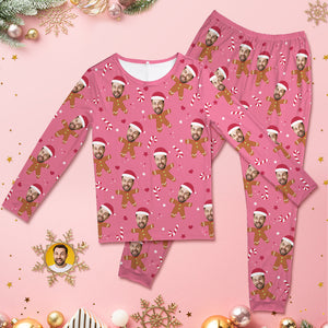 Benutzerdefinierte Gesicht Rosa Pyjamas Personalisierte Rundhals Lebkuchen Weihnachten Pyjamas für Frauen und Männer