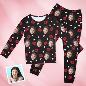 Benutzerdefinierte Gesicht Schwarz Pyjamas Personalisierte Rundhals Lippen und Herz Pyjamas für Frauen Valentinstag Geschenk