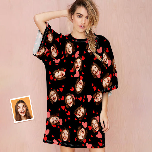 Benutzerdefiniertes Gesicht-nachthemd, Personalisiertes Foto, Übergroßes Damen-nachthemd, Rotes Herz, Geschenke Für Sie - DePhotoBoxer