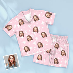 Kurzärmliger Rosa Pyjama Mit Individuellem Gesicht, Personalisierte Foto-nachtwäsche, Amor-liebesgeschenke - DePhotoBoxer