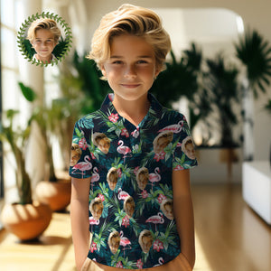 Benutzerdefiniertes Gesicht Kinder-poloshirts, Personalisiertes Foto-shirt Im Hawaiianischen Stil, Flamingo-blume - DePhotoBoxer