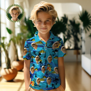 Benutzerdefinierte Gesichts-poloshirts Für Kinder, Personalisiertes Foto-shirt Im Hawaiianischen Stil, Vice City - DePhotoBoxer