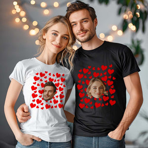 Personalisiertes Foto-vintage-t-shirt, Personalisiertes Paar-t-shirt, Rote Herzen, Valentinstagsgeschenke Für Paare - DePhotoBoxer