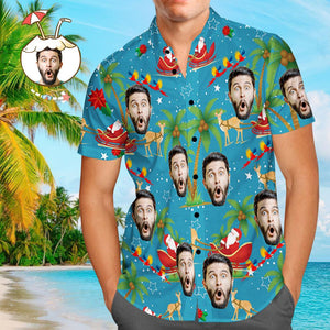 Benutzerdefiniertes Gesicht Shirt Personalisierte Foto Herren Hawaiihemd Weihnachtsgeschenk - Weihnachtsmann und Elch