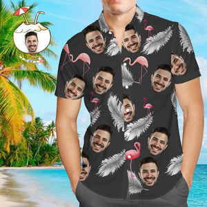 Herren Custom Gesicht Hemd Hawaiihemd Kurzarm Feder und Flamingo Schwarz