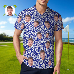Benutzerdefiniertes Gesichts-poloshirt Für Männer, Personalisierte Blaue Hawaiianische Golf-shirts - DePhotoBoxer