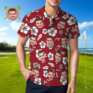 Herren-polo-shirt Mit Individuellem Gesicht, Personalisierte Rote Golf-shirts Für Ihn, Weiße Blätter - DePhotoBoxer