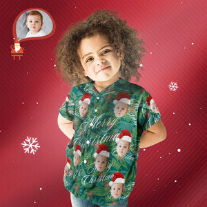 Benutzerdefiniertes Gesicht, Personalisiertes Frohe Weihnachten-hawaii-hemd Für Kinder, All-over-print-blätter - DePhotoBoxer