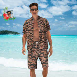 Benutzerdefiniertes Gesichts-hawaii-hemd Und Strand-shorts-set, Personalisiertes Herren-foto-face-mash-set, Urlaubsparty-geschenk - DePhotoBoxer