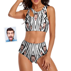 Benutzerdefinierte Gesicht Frauen Zebra Streifen Sexy Zweiteiliger Badeanzug