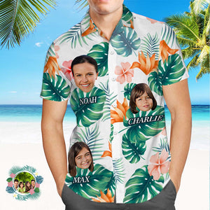 Benutzerdefiniertes Hawaii-hemd Mit Mehreren Fotos, Gesicht Und Text, Palmblättern Und Bunten Blumen - DePhotoBoxer