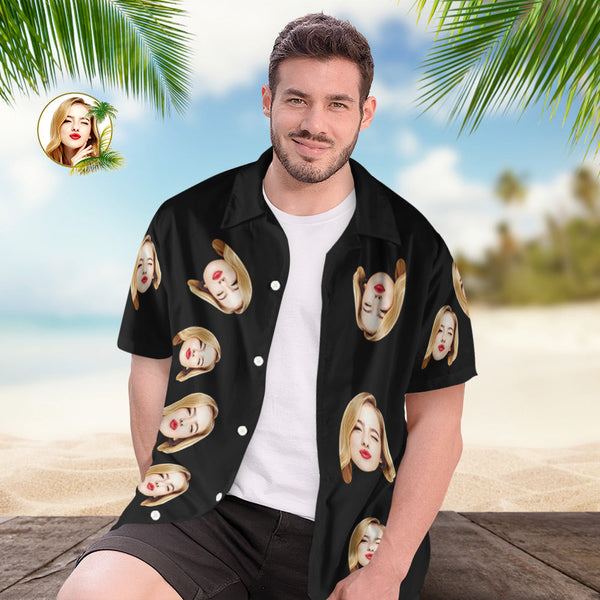 Benutzerdefiniertes Gesicht Hawaiihemden Personalisierte Fotos Lustiges Herrenhemd Geschenk Schwarz - DePhotoBoxer