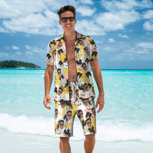 Benutzerdefiniertes Gesicht-hawaii-hemd Oder Strand-shorts, Passende Outfits, Personalisiertes Herrenfoto, Zufälliger Palmen-druck, Hawaiianische Kleidung, Urlaubsparty-geschenk - DePhotoBoxer