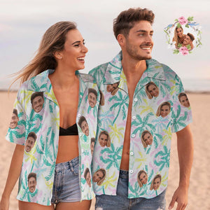 Benutzerdefiniertes Gesicht Hawaiihemd Paar Outfit Vibe Berufung Hawaiihemd Bunte Palmen - DePhotoBoxer