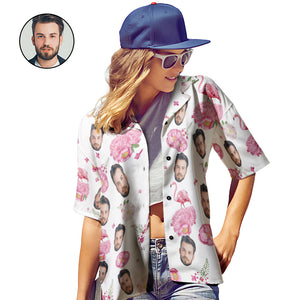 Benutzerdefinierte Gesicht Hawaiian Shirt Personalisierte Foto Sommer Shirts für Frauen mit rosa Flamingo