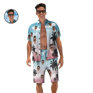 Benutzerdefiniertes Gesicht-hawaii-hemd Und Strandshorts-set, Personalisiertes Herren-foto, Kokosnussbaum-ansicht-set, Urlaubsparty-geschenk