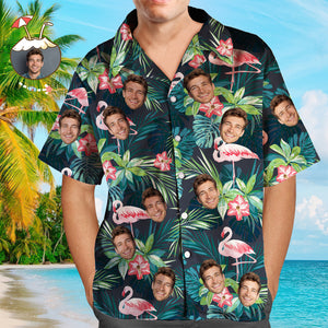 Benutzerdefiniertes Hawaii-hemd Mit Gesicht, Individuelles Hundegesichts-hemd, Blätter Und Flamingo-button-down-hemden