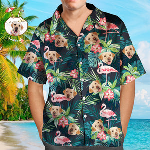 Benutzerdefiniertes Hawaii-hemd Mit Gesicht, Individuelles Hundegesicht-shirt, Blätter Und Flamingo-button-down-hemden, Geschenke Für Haustierliebhaber