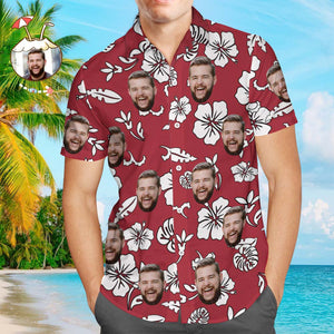 Benutzerdefinierte Gesicht Blumen und Blätter Strand Sommer Kurzarm Red Hawaiian Shirt