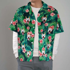 Benutzerdefinierte Tropische Hemden. Benutzerdefiniertes Hundegesicht-hawaii-hemd. Blätter- Und Blumen-hemd