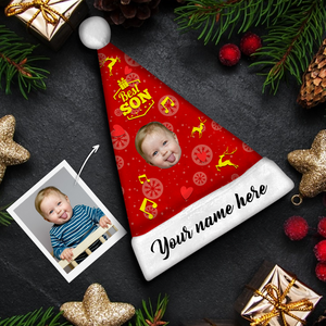Plush Velvet My Face & Name Personalized Best Son Santa Hat - For Man, Woman, Kid