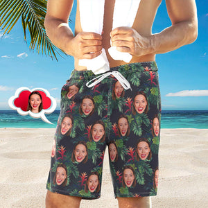 Benutzerdefinierte Face Beach Trunks für Herren Überall Print Photo Shorts - Tropische Blätter