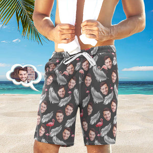 Benutzerdefinierte Face Beach Trunks für Herren Überall Print Photo Shorts - Feder und Flamingo Schwarz