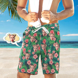 Beach Trunks für Männer mit individuellem Gesicht - Print-Fotoshorts - Grüne Blätter und Blumen