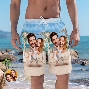 Custom Couple Face Beach Shorts Personalized Wedding Swim Trunks Funny Gifts For Boyfriend