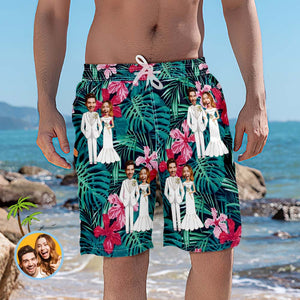Personalized Wedding Flower Swim Trunks Custom Photo Beach Shorts Best Wedding Gift