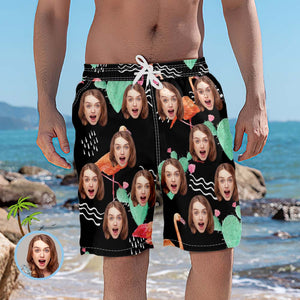 Personalized Beach Shorts for Men with Flamingos and Cacti Custom Face Swim Trunks - MyFaceBoxer
