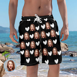 Personalized Beach Shorts for Men White Hearts Custom Face Swim Trunks - MyFaceBoxer